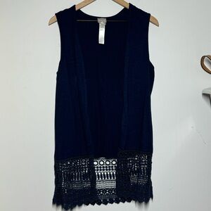 Chico’s navy blue open tunic vest with crochet lace trim boho sz 1/ M